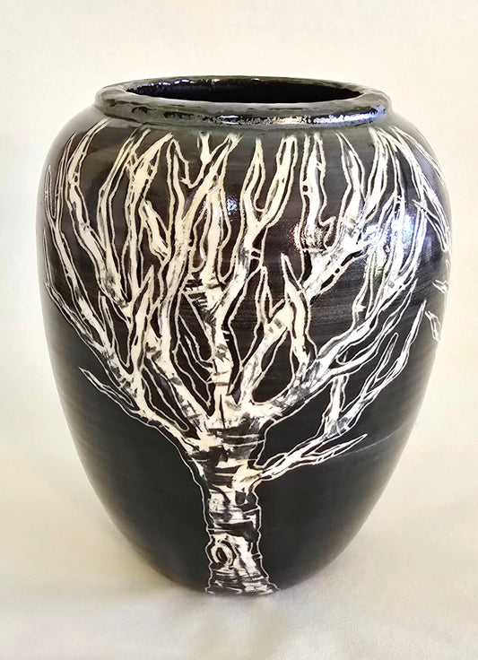Stoneware Vase with Sgraffito Tree Design – Obsidian Glaze Finish