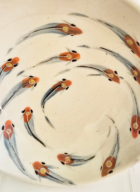 Stoneware Bowl – Swirling Orange & Blue Fish Design
