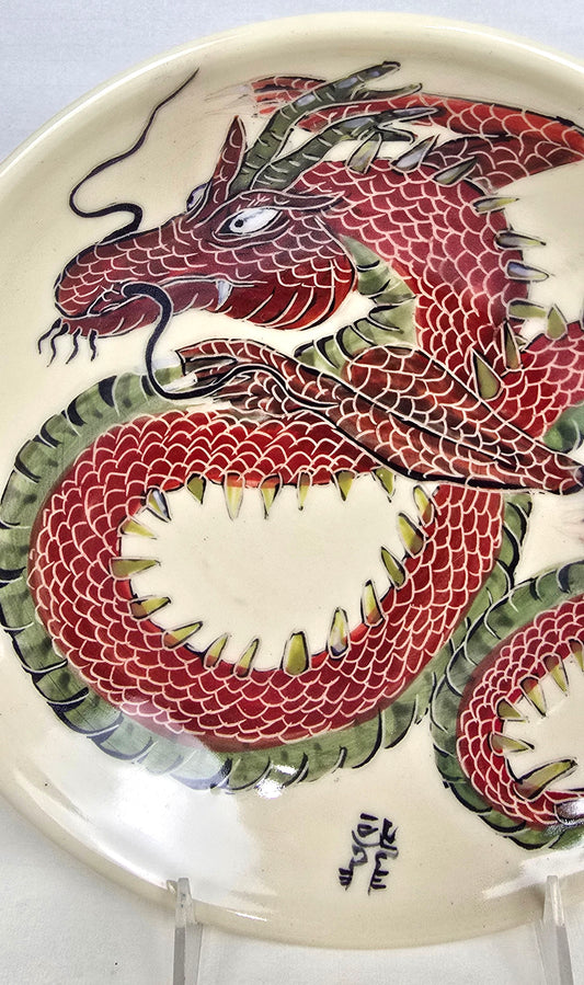 Stoneware Bowl – Red and Green Dragon Sgraffito e Design
