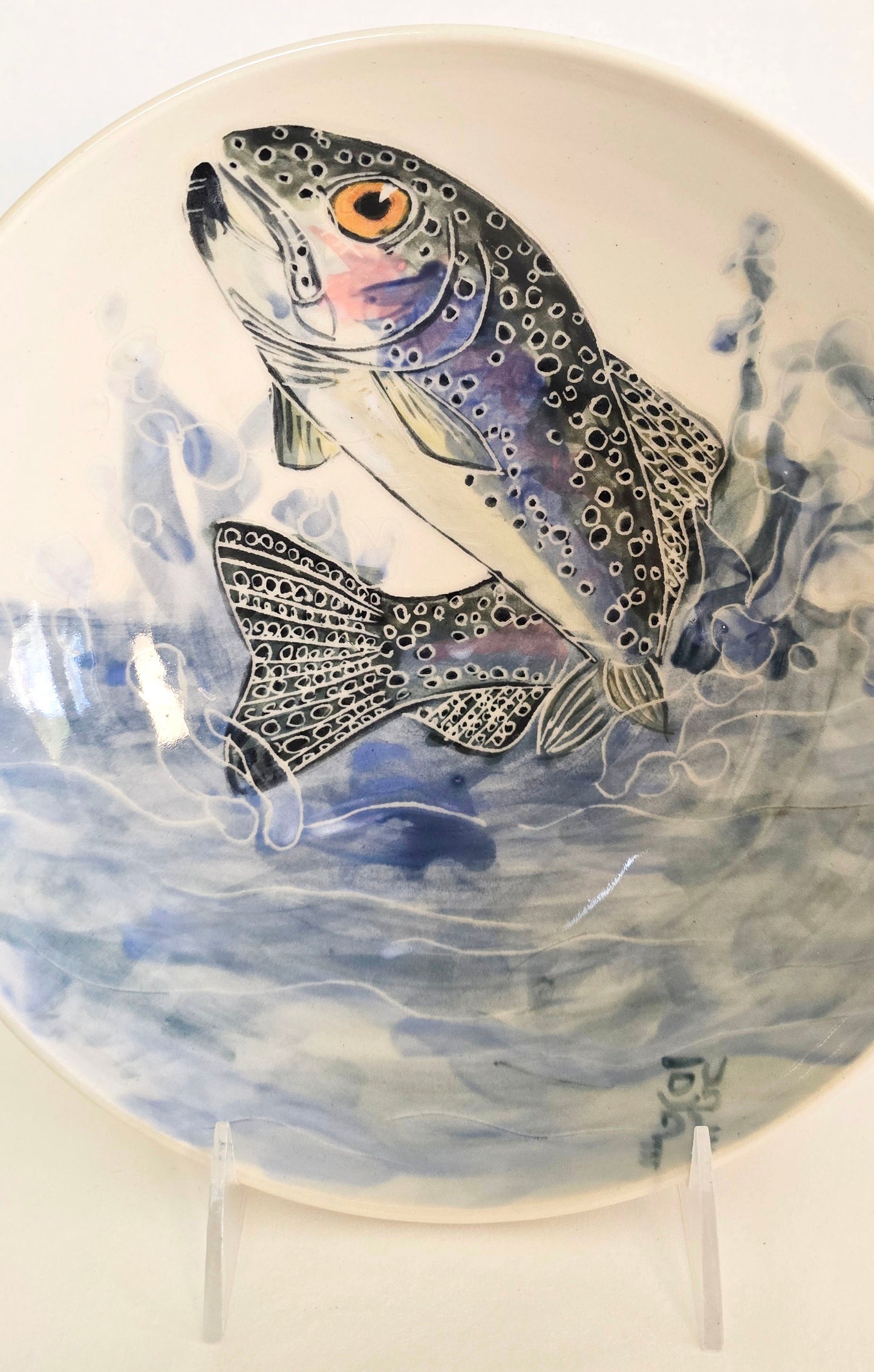 Stoneware Trout Bowl – Hand-Thrown with Sgraffito and Underglaze Detailing