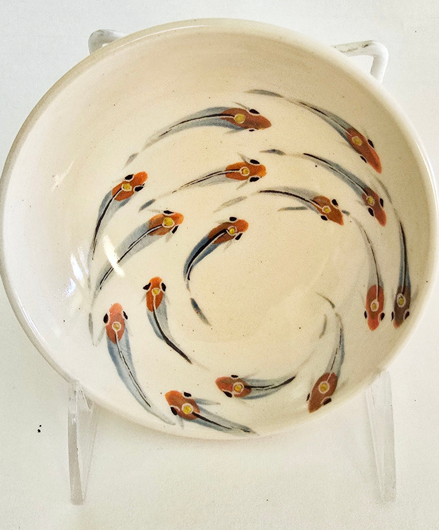 Stoneware Bowl – Swirling Orange &amp; Blue Fish Design