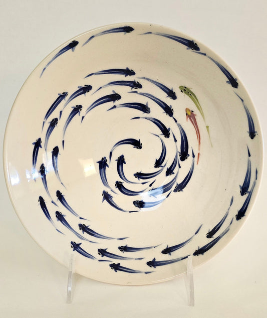 Stoneware Bowl – Swirling Blue Fish with Accent pair