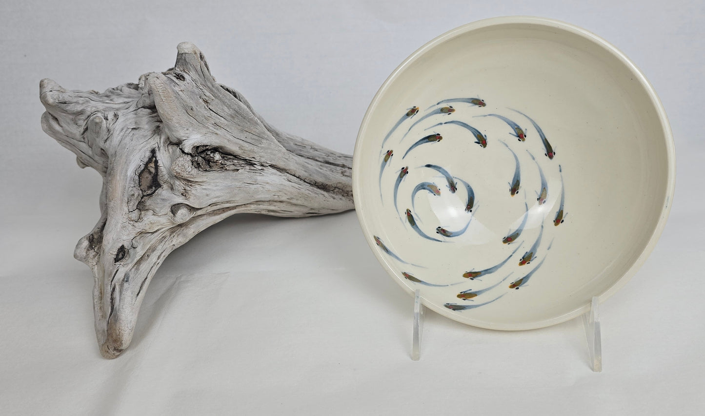 Stoneware Bowl – Hand-Painted Swirling Fish Design