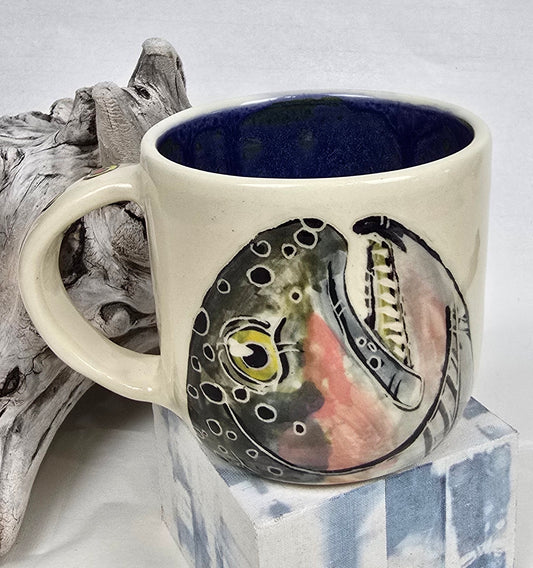 Handmade Stoneware Mug – Trout Illustration &amp; Deep Blue Glaze