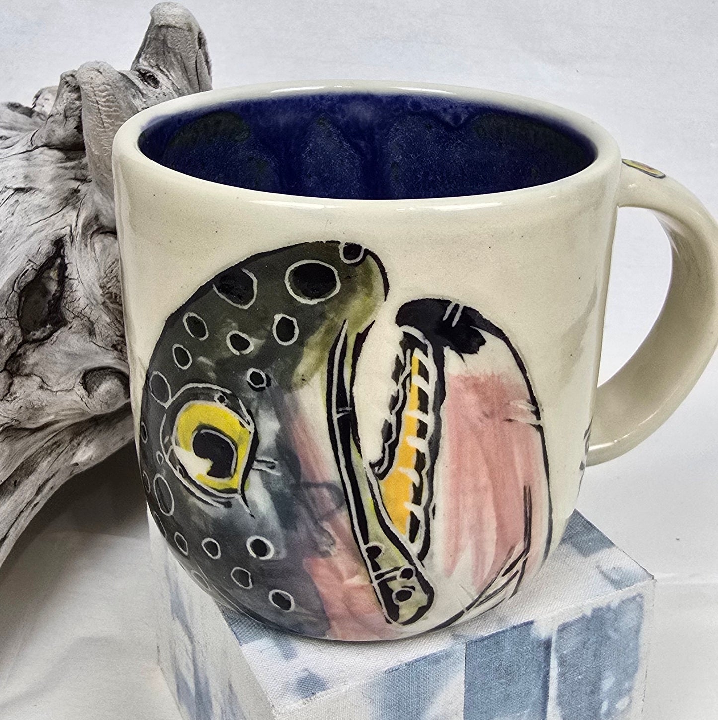 Handmade Stoneware Mug – Trout Illustration &amp; Deep Blue Glaze