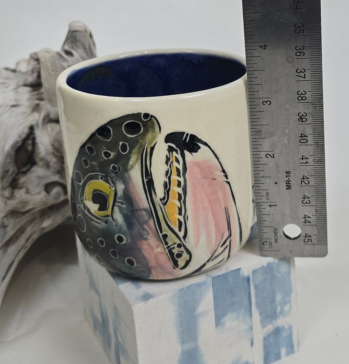 Handmade Stoneware Mug – Trout Illustration &amp; Deep Blue Glaze