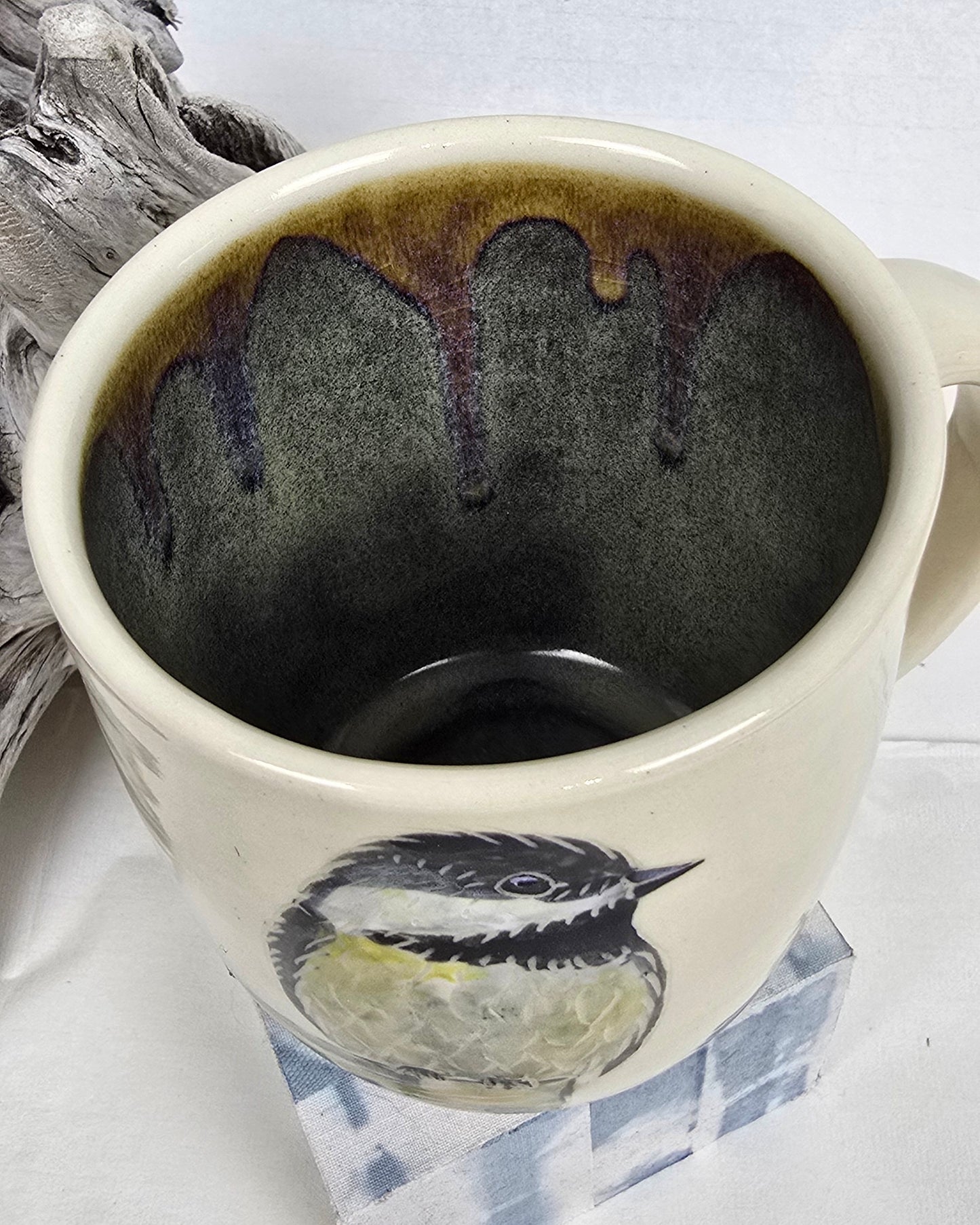 Handmade Stoneware Chickadee Mug – Artisan Bird Illustration,  Earth-Tone Glaze