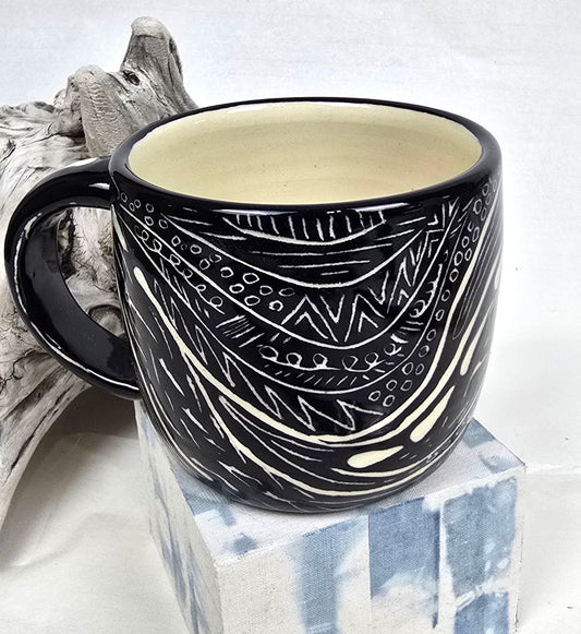 Sgraffito Stoneware Mug – Black and Ivory Carved Design
