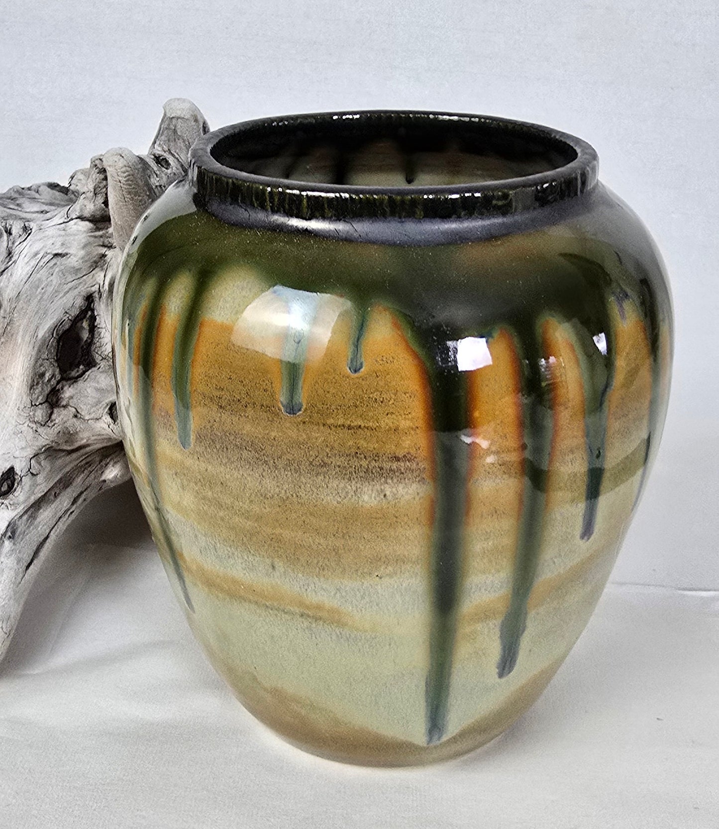 Stoneware Vase – Earth Tones with Green Drip Glaze