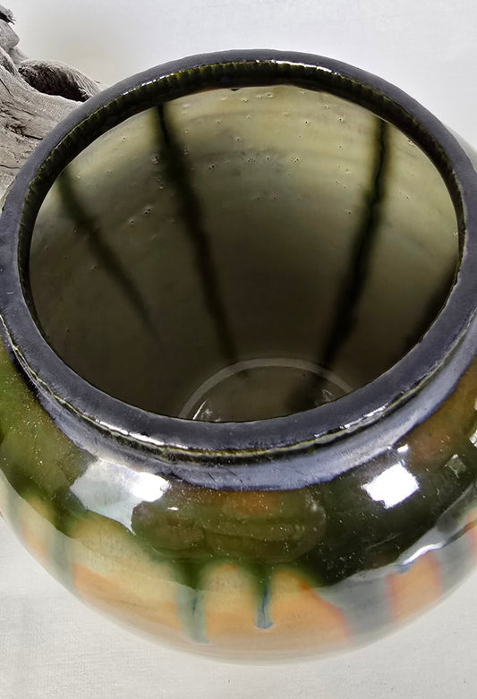Stoneware Vase – Earth Tones with Green Drip Glaze